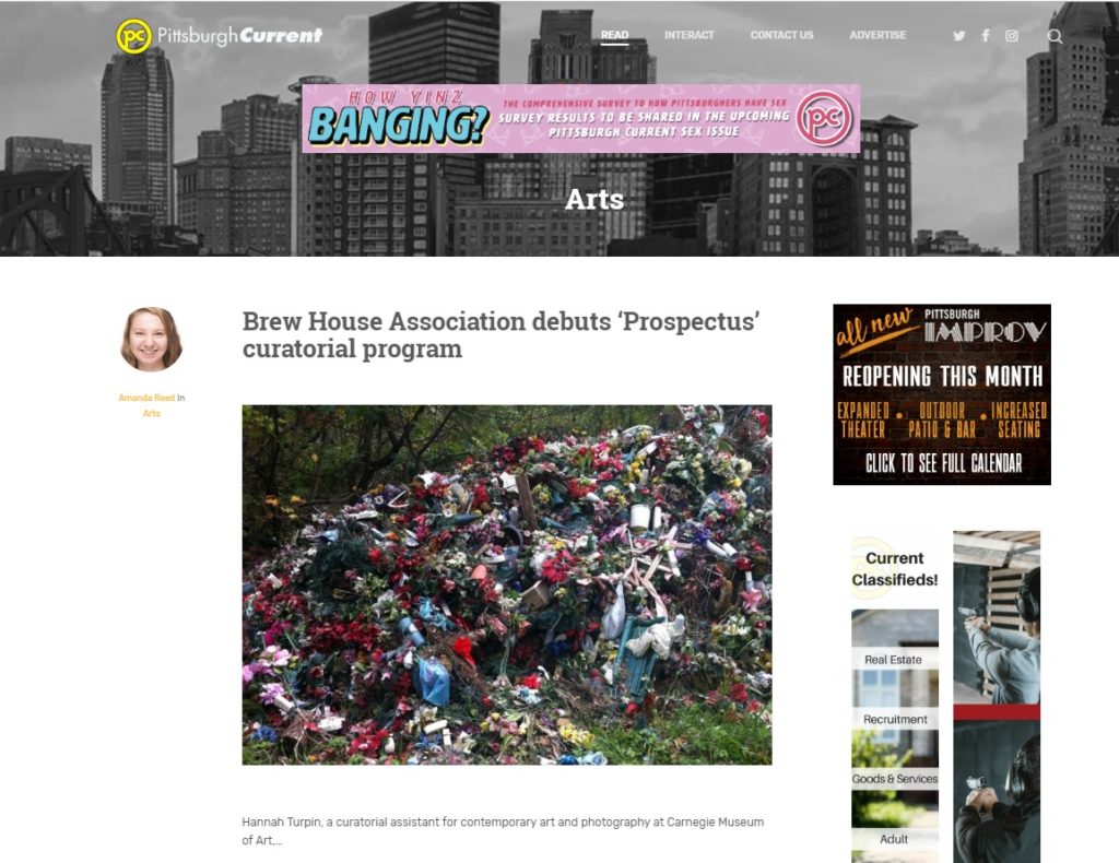 screenshot of Pittsburgh Current webpage showing article with headline, Brew House Association debuts Prospectus curatorial program