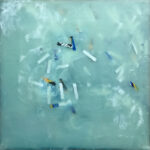 artwork which is abstract, blue, and cloudy with pieces of linear white and dark blue plastic floating within.