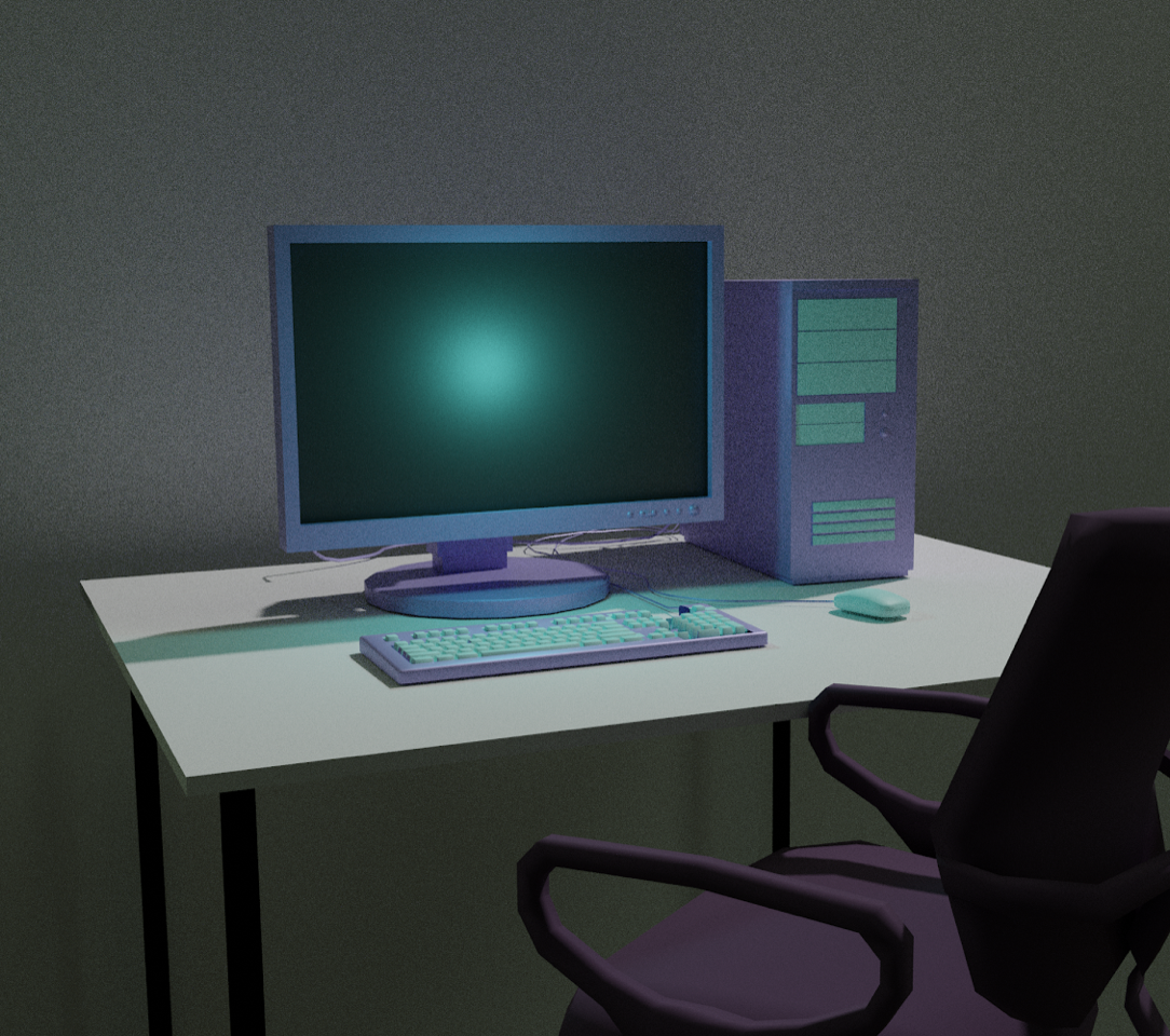 A digitally rendered image of a desktop computer sitting on a table.